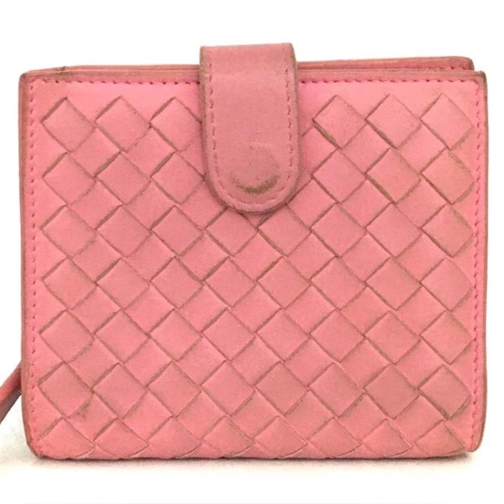 Authentic Bottega Veneta Intrecciato Lambskin Bifold Wallet Pink